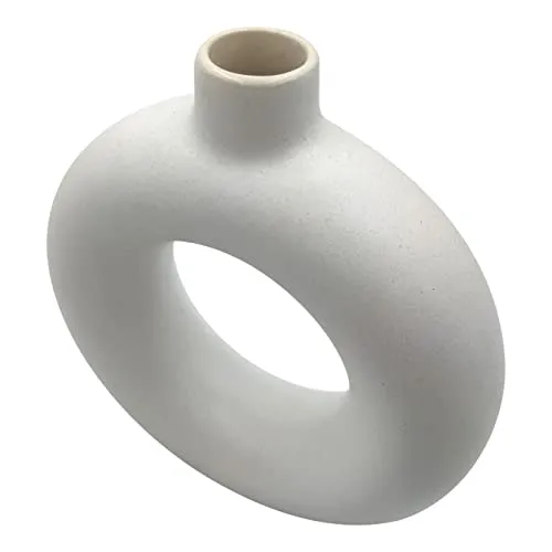 FarKraft Flower Vase | White Vase | Pampas Grass Vase | Ceramic Vase | Donut Round Shaped Vase | Home Decor Centrepiece | Decor Showpiece Donut Vase 6 Inches (Pack of 1)