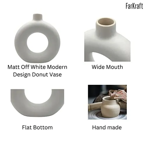 FarKraft Flower Vase | White Vase | Pampas Grass Vase | Ceramic Vase | Donut Round Shaped Vase | Home Decor Centrepiece | Decor Showpiece Donut Vase 6 Inches (Pack of 1)