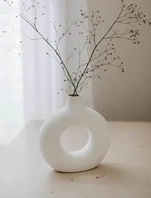 FarKraft Flower Vase | White Vase | Pampas Grass Vase | Ceramic Vase | Donut Round Shaped Vase | Home Decor Centrepiece | Decor Showpiece Donut Vase 6 Inches (Pack of 1)