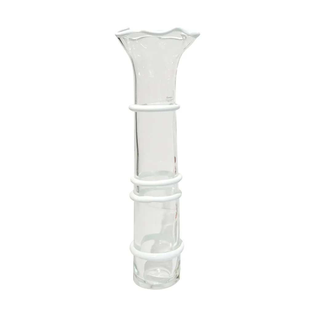 Formia Italian 1970s Vintage White Crystal Clear Murano Glass Tall Flared Vase