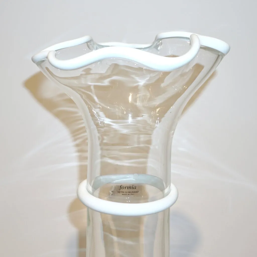 Formia Italian 1970s Vintage White Crystal Clear Murano Glass Tall Flared Vase