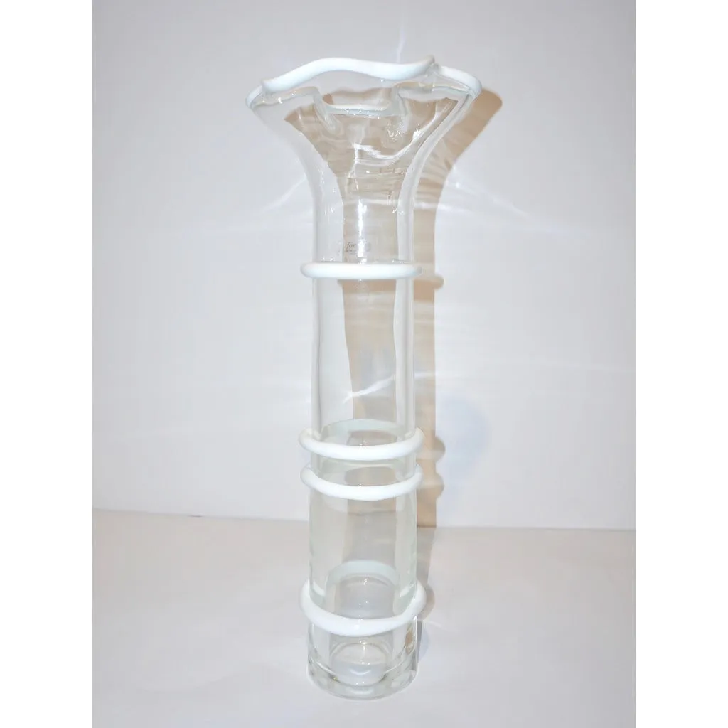 Formia Italian 1970s Vintage White Crystal Clear Murano Glass Tall Flared Vase
