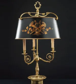 French Gold Bouillotte Style Table Light With Handpainted Shade