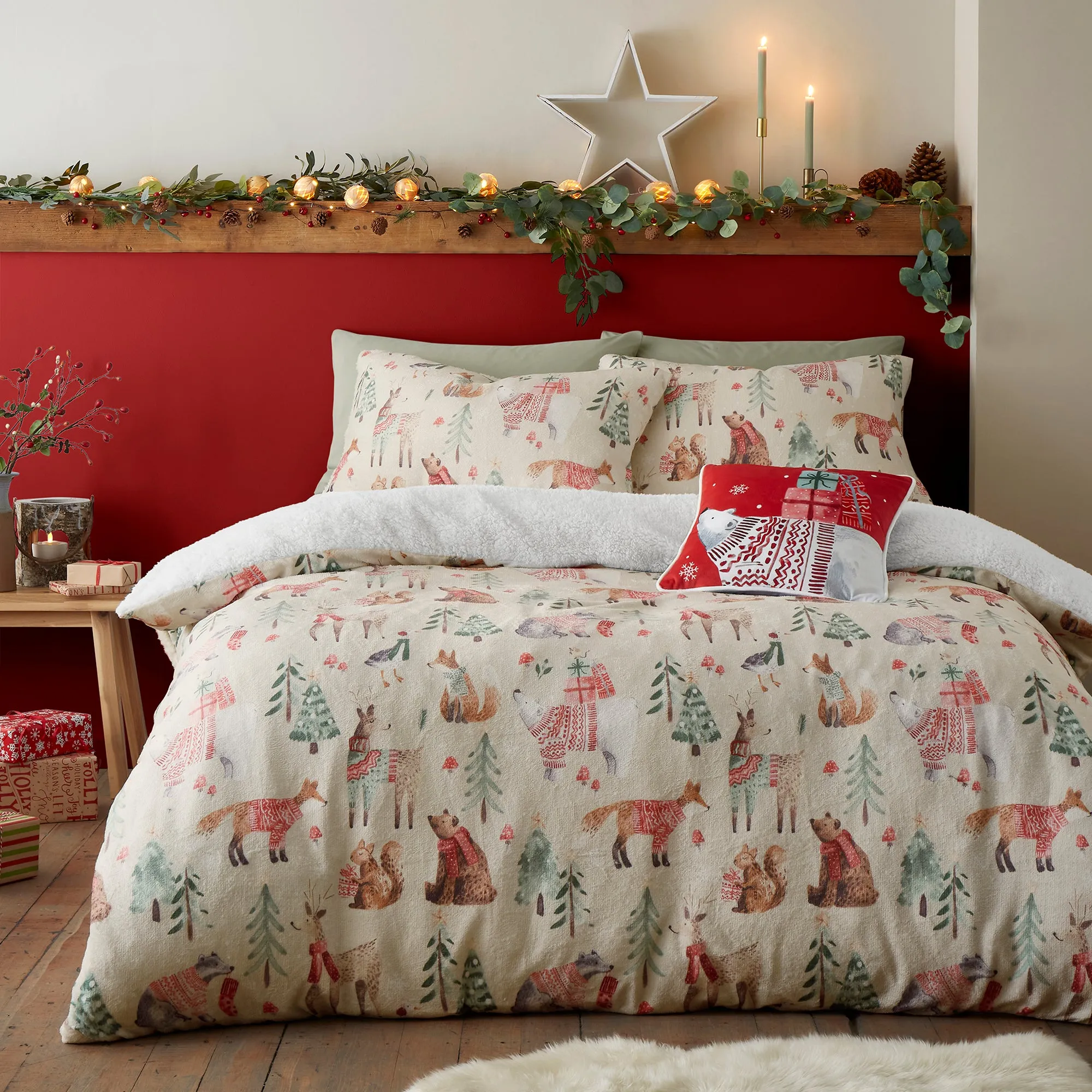 Fusion Christmas Woodland Animals Cushion - Red