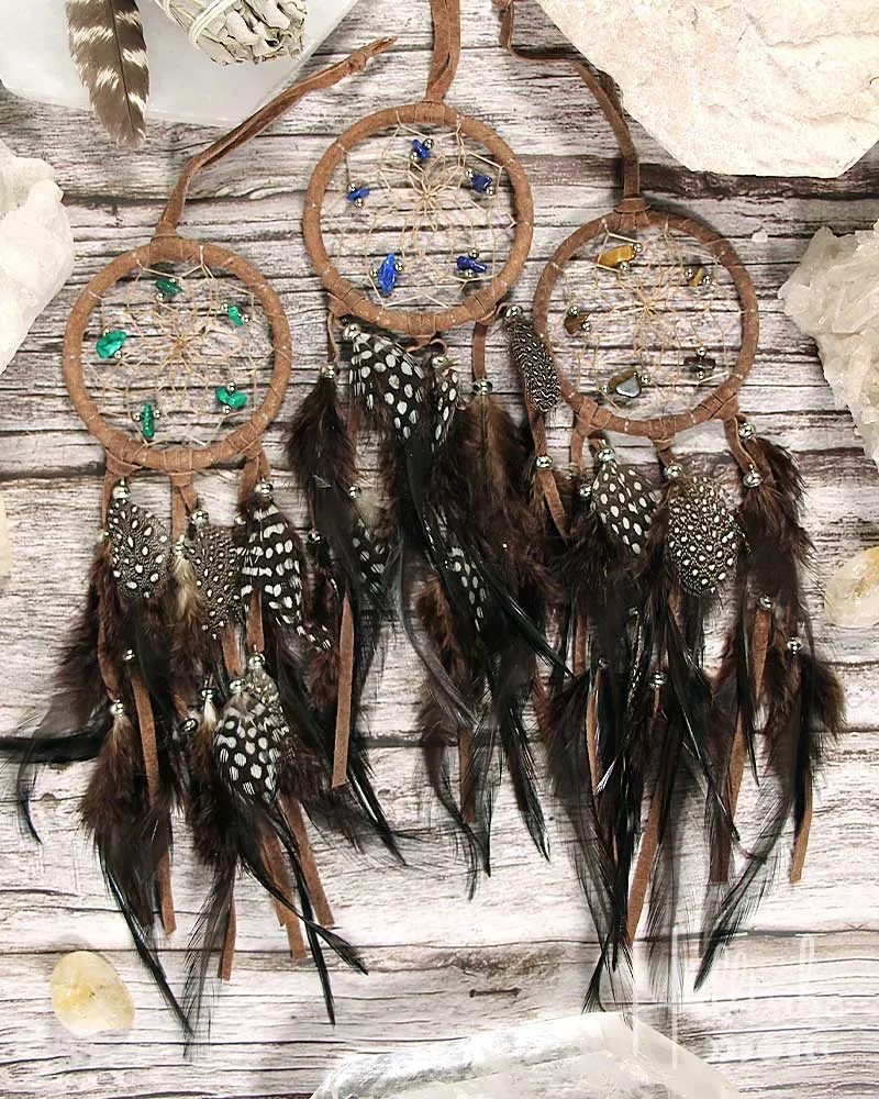 Gemstone & Brown Leather Dreamcatcher 2.5"