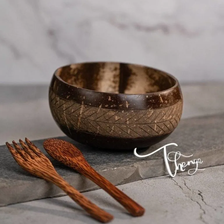 Geometric Jumbo 900 ml Coconut Bowl with Spoon and Fork Brown