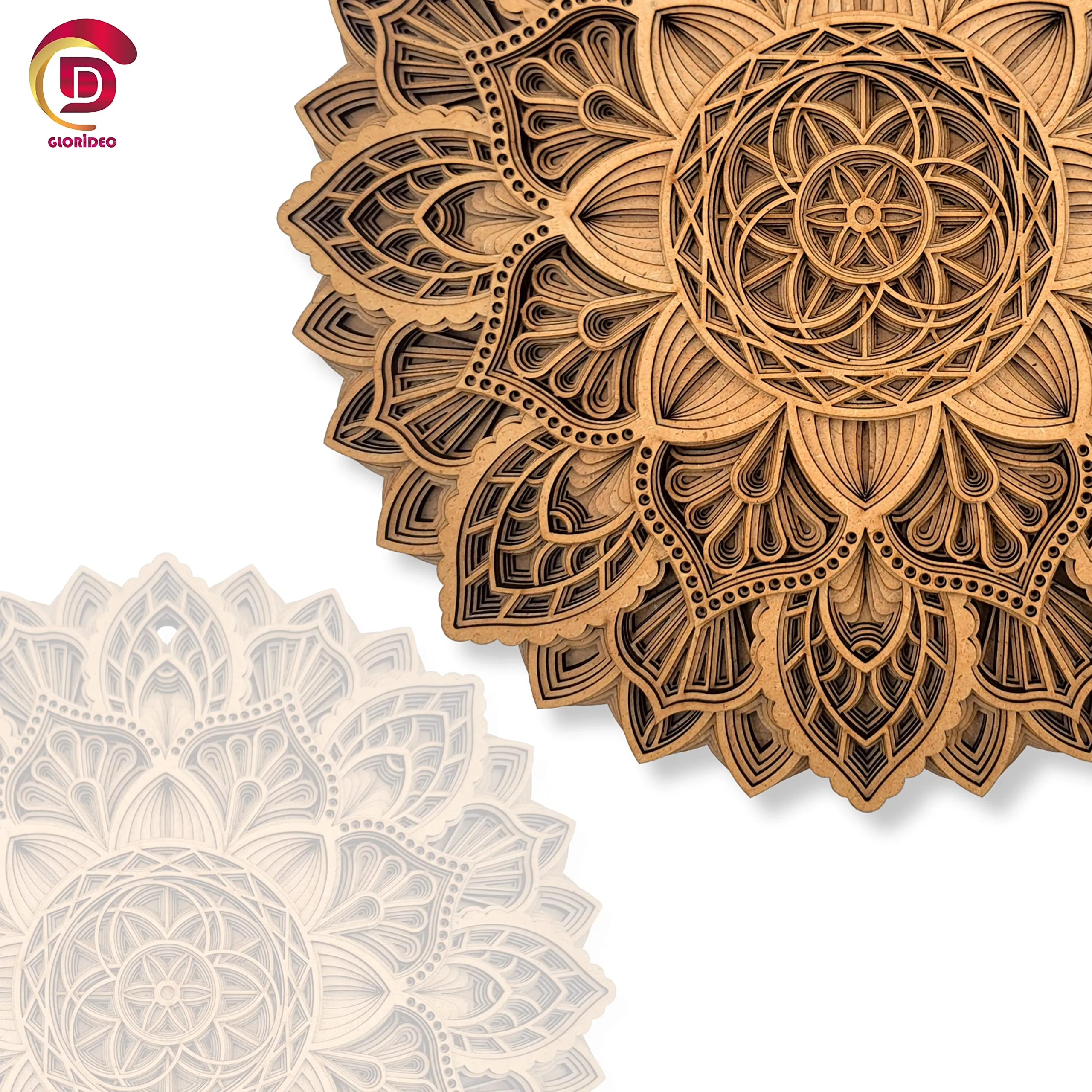 Gloridec Wooden 3D Laser Cut Decorative Mandala Wall Decor | Decorative Multi Layered Round Mandala Wall Art, Living Room Wall Hanging (Flower Mandala) (12" x 12" Inch)