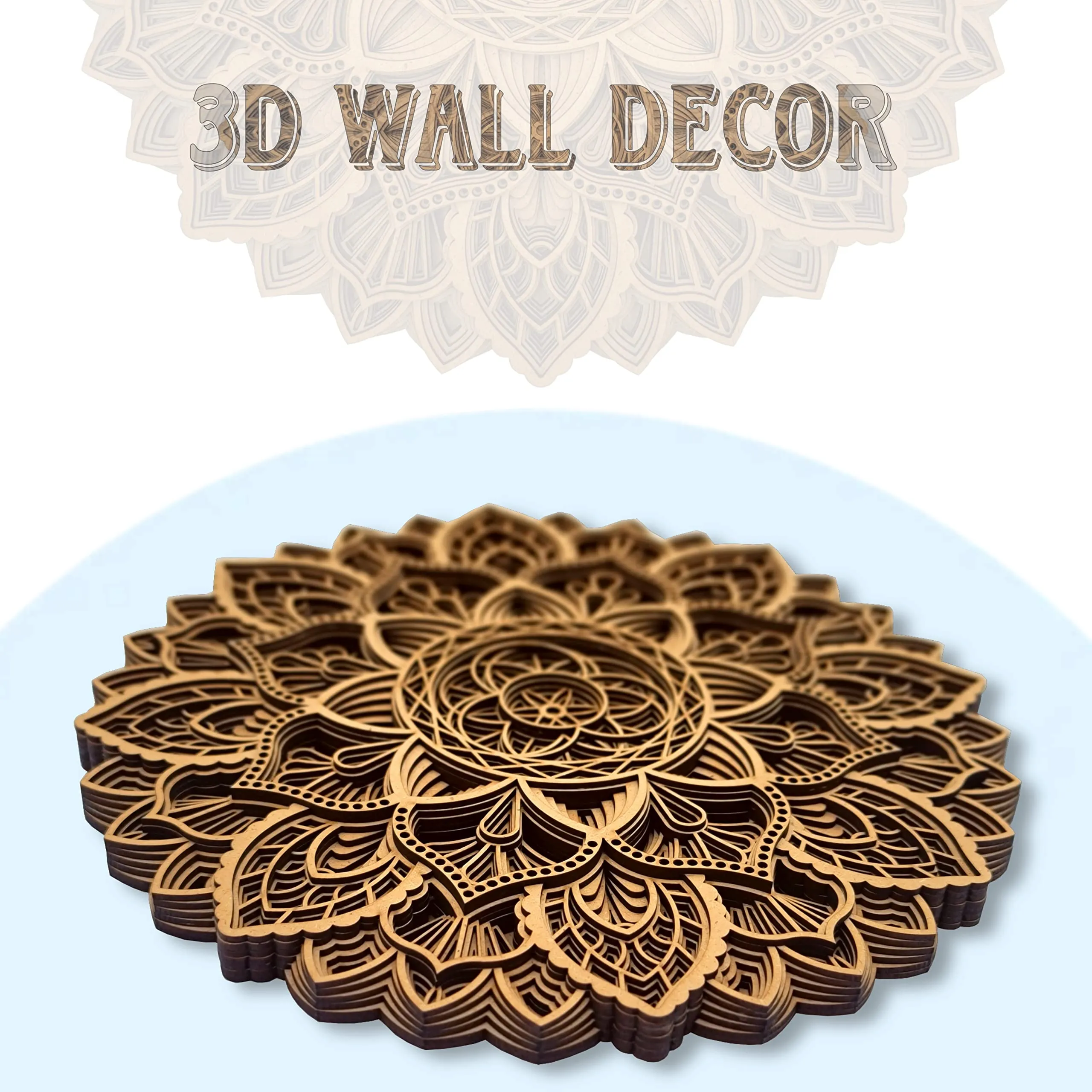 Gloridec Wooden 3D Laser Cut Decorative Mandala Wall Decor | Decorative Multi Layered Round Mandala Wall Art, Living Room Wall Hanging (Flower Mandala) (12" x 12" Inch)