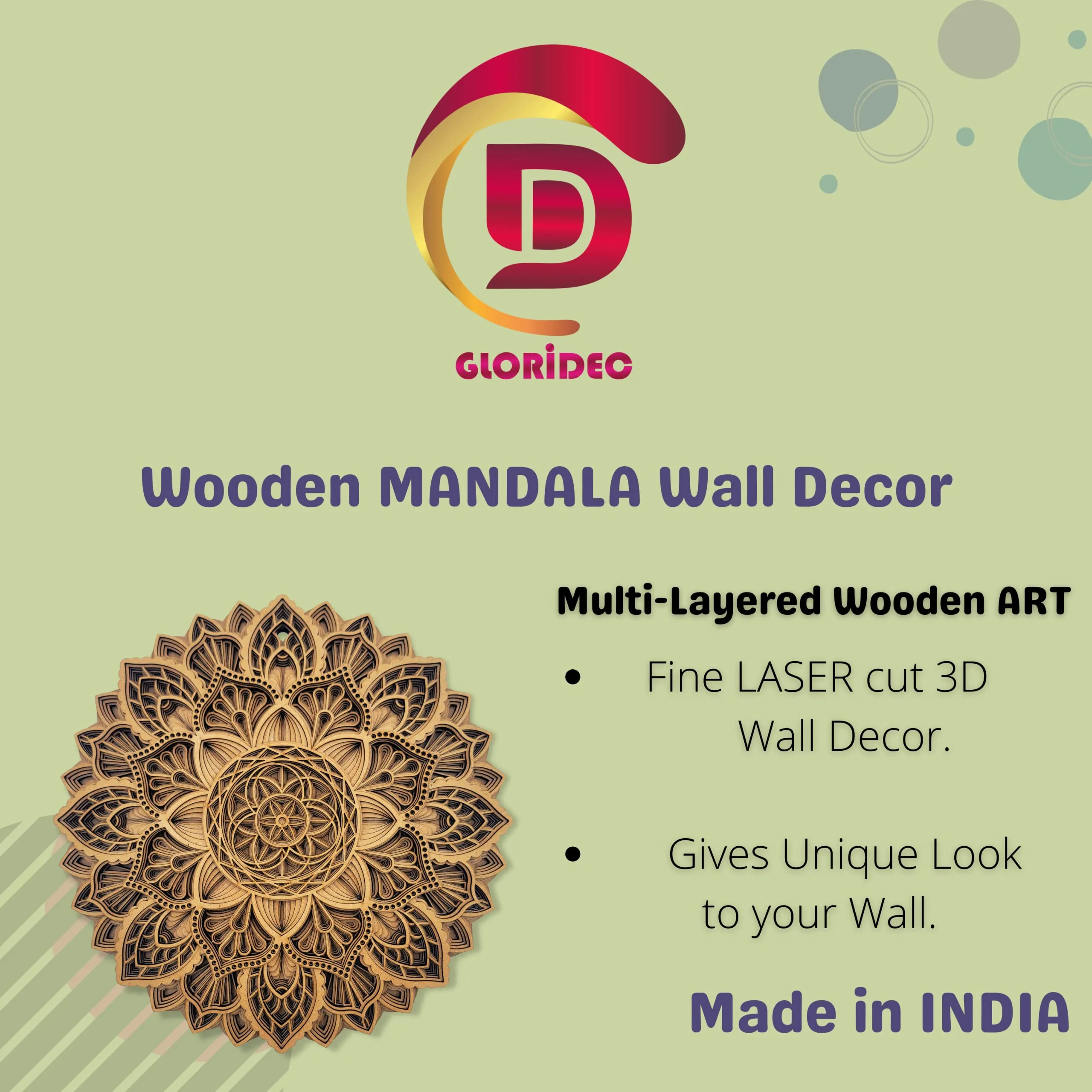 Gloridec Wooden 3D Laser Cut Decorative Mandala Wall Decor | Decorative Multi Layered Round Mandala Wall Art, Living Room Wall Hanging (Flower Mandala) (12" x 12" Inch)