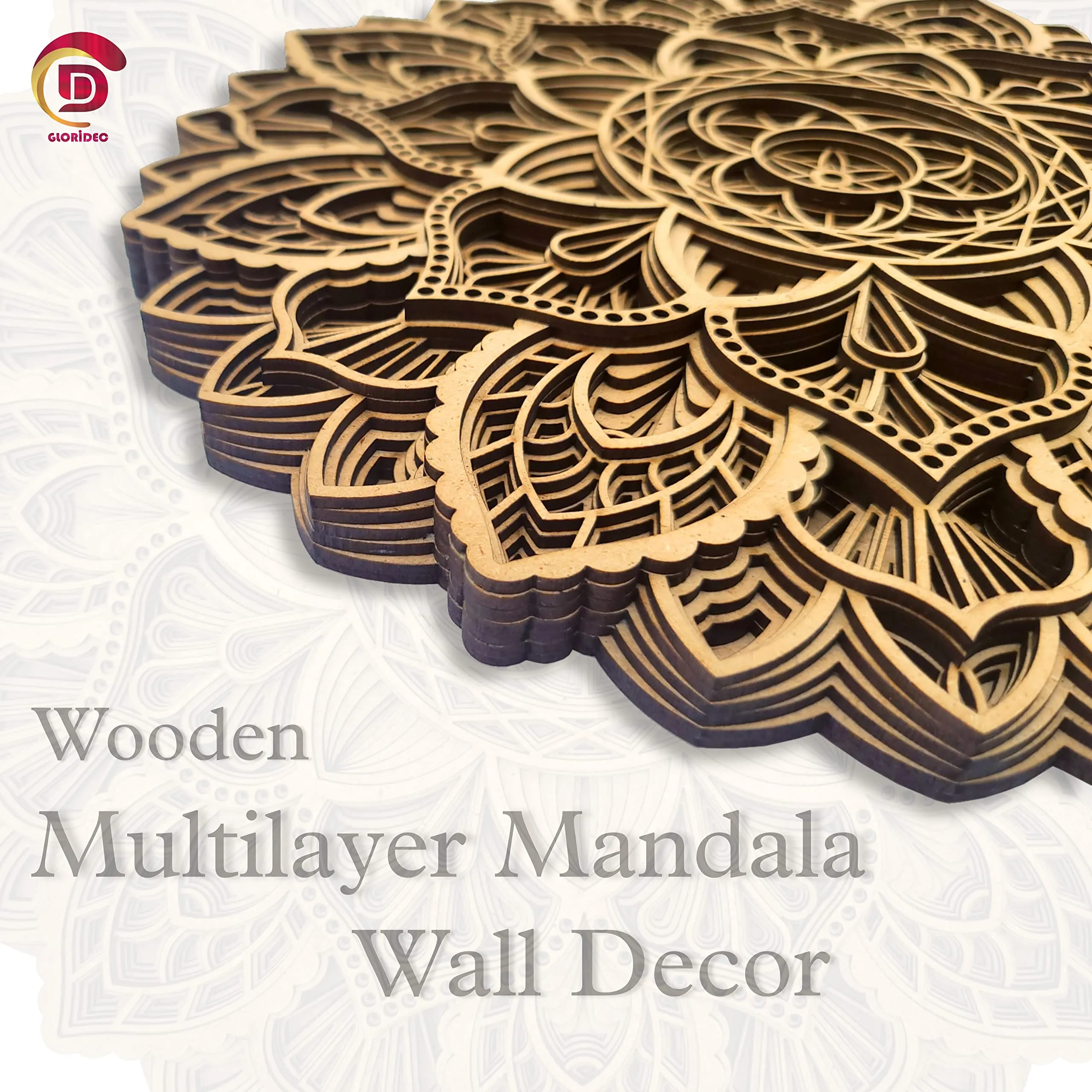 Gloridec Wooden 3D Laser Cut Decorative Mandala Wall Decor | Decorative Multi Layered Round Mandala Wall Art, Living Room Wall Hanging (Flower Mandala) (12" x 12" Inch)