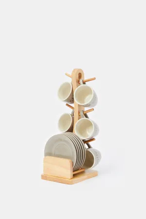 Grey Espresso Set With Wooden Stand (13 Piece)