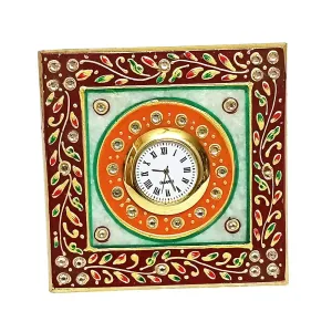 Handicraft Kingdom White Marble Table Clock | Ethnic Design Gold Painted Handmade Round Beautiful Meenakari Work Plate Watch| Approx Size (4 x 4 Inch) & Wt (380 Gm) Pack of 1