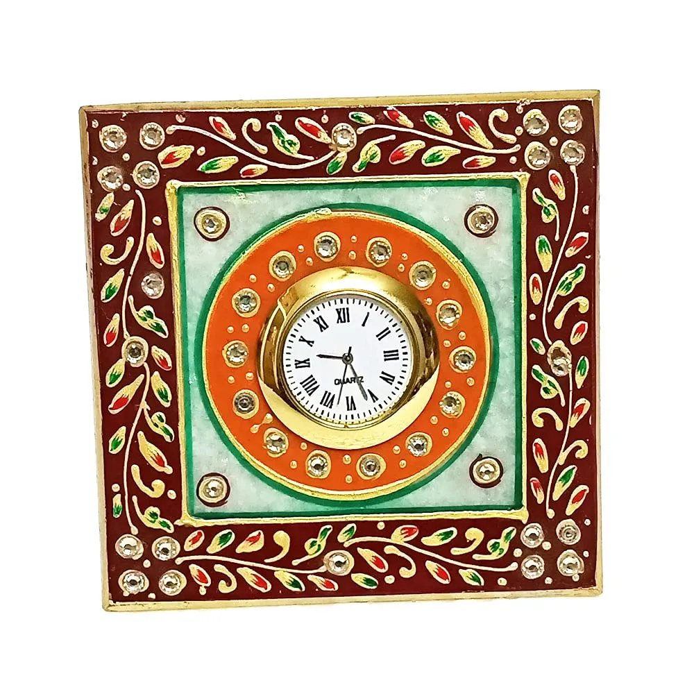 Handicraft Kingdom White Marble Table Clock | Ethnic Design Gold Painted Handmade Round Beautiful Meenakari Work Plate Watch| Approx Size (4 x 4 Inch) & Wt (380 Gm) Pack of 1