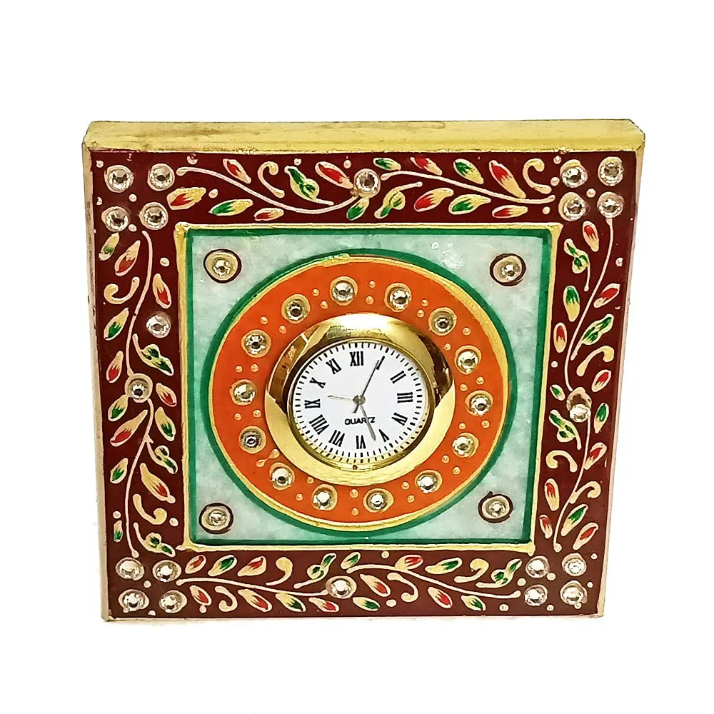 Handicraft Kingdom White Marble Table Clock | Ethnic Design Gold Painted Handmade Round Beautiful Meenakari Work Plate Watch| Approx Size (4 x 4 Inch) & Wt (380 Gm) Pack of 1