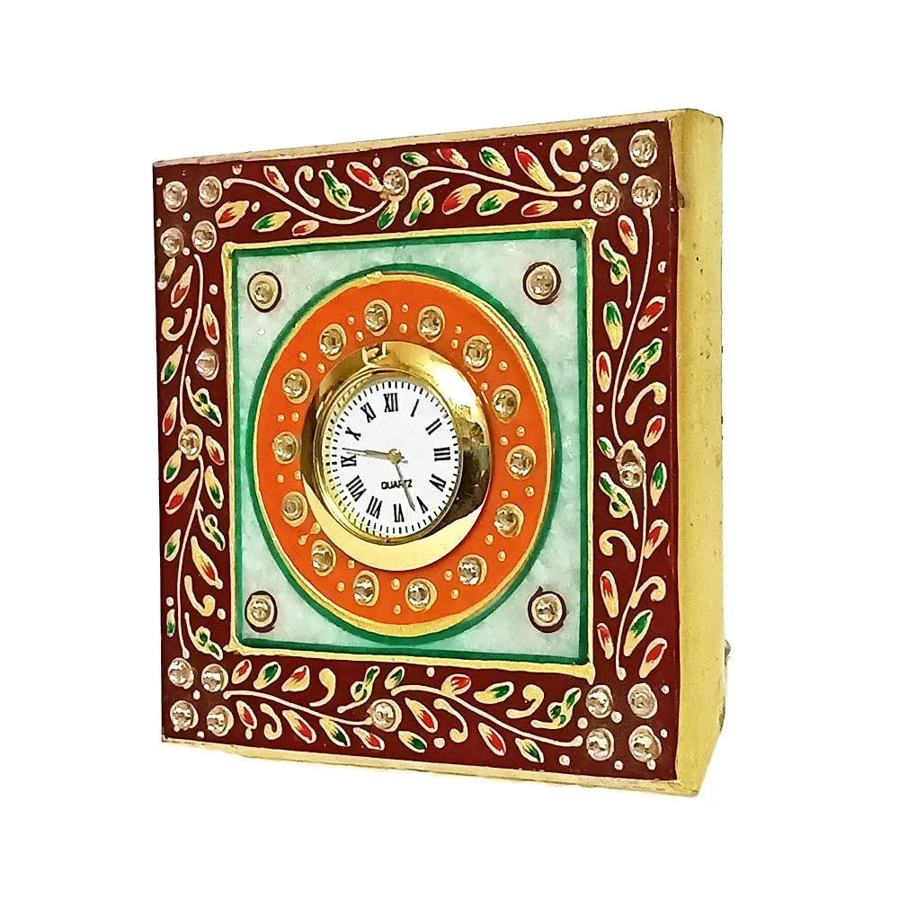 Handicraft Kingdom White Marble Table Clock | Ethnic Design Gold Painted Handmade Round Beautiful Meenakari Work Plate Watch| Approx Size (4 x 4 Inch) & Wt (380 Gm) Pack of 1