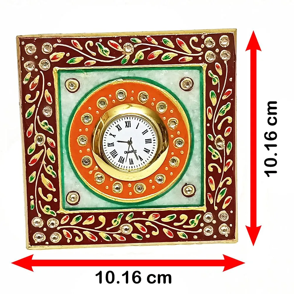 Handicraft Kingdom White Marble Table Clock | Ethnic Design Gold Painted Handmade Round Beautiful Meenakari Work Plate Watch| Approx Size (4 x 4 Inch) & Wt (380 Gm) Pack of 1