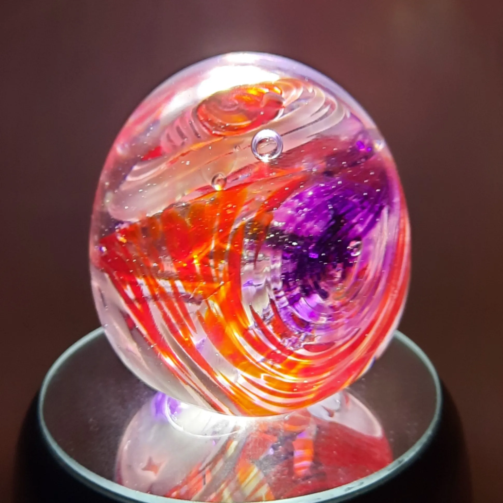 Handmade Art Glass Easter Egg Paperweight, Red White Violet