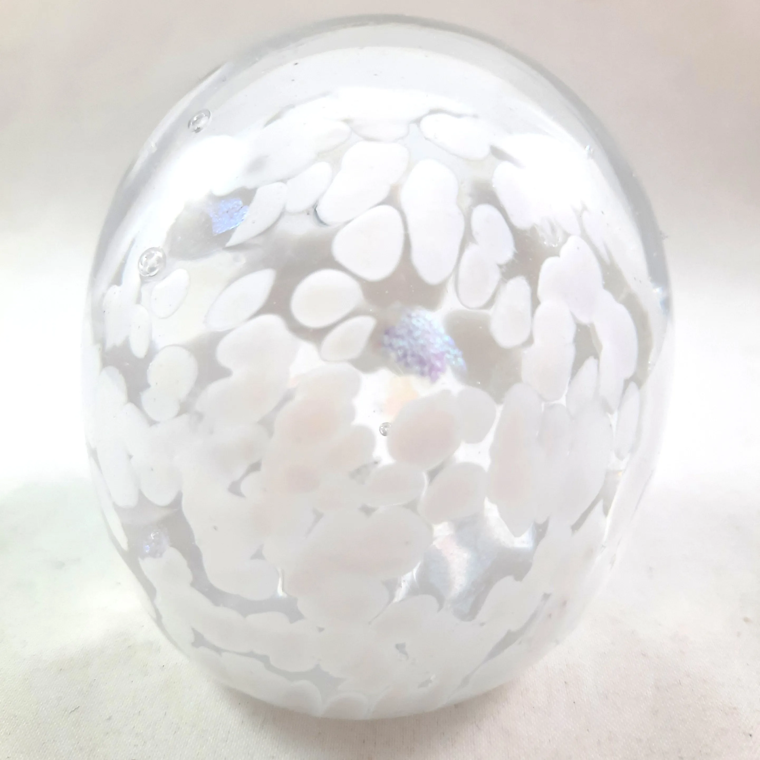 Handmade Art Glass Easter Egg Paperweight, White and Rainbow Dichroic, Large