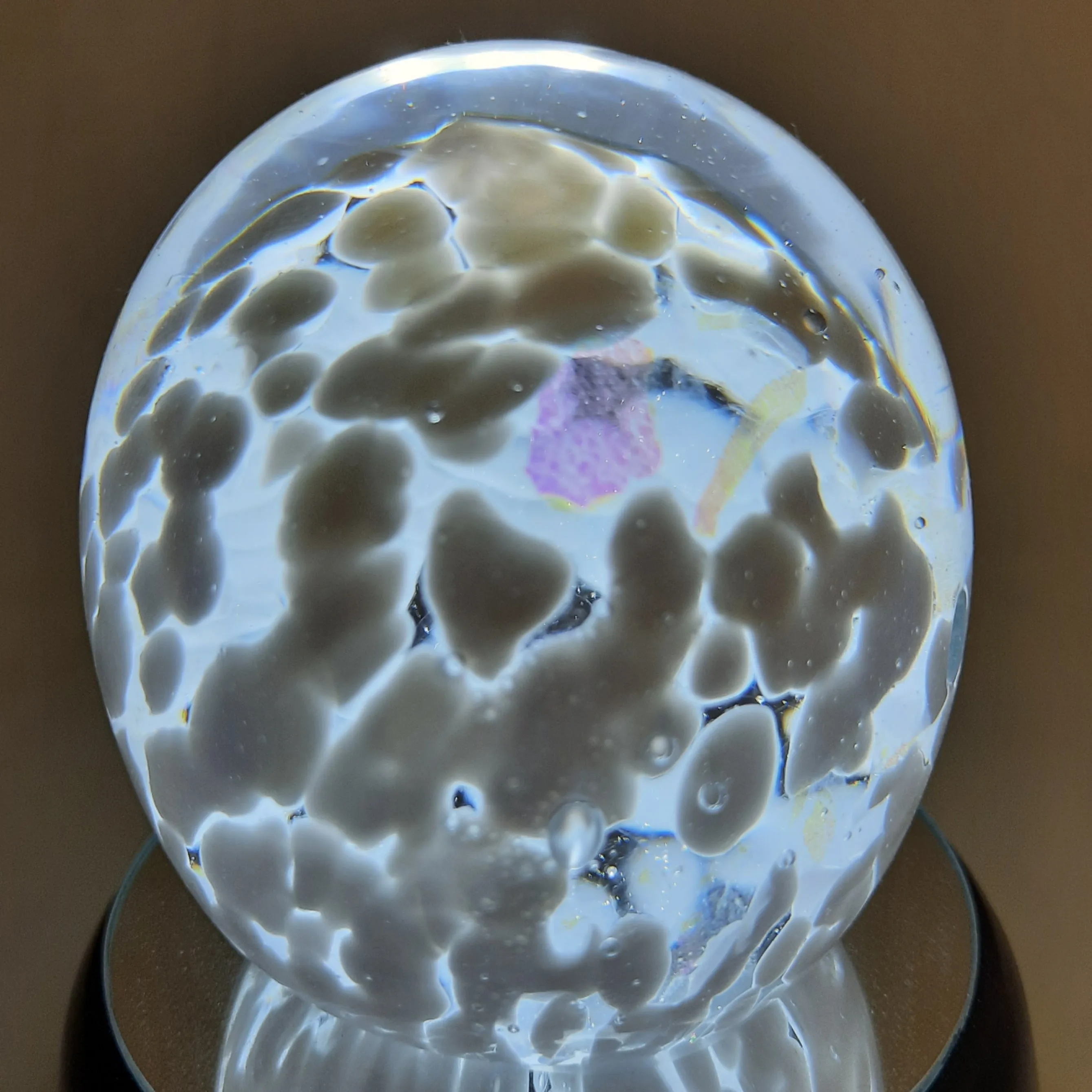 Handmade Art Glass Easter Egg Paperweight, White and Rainbow Dichroic, Large