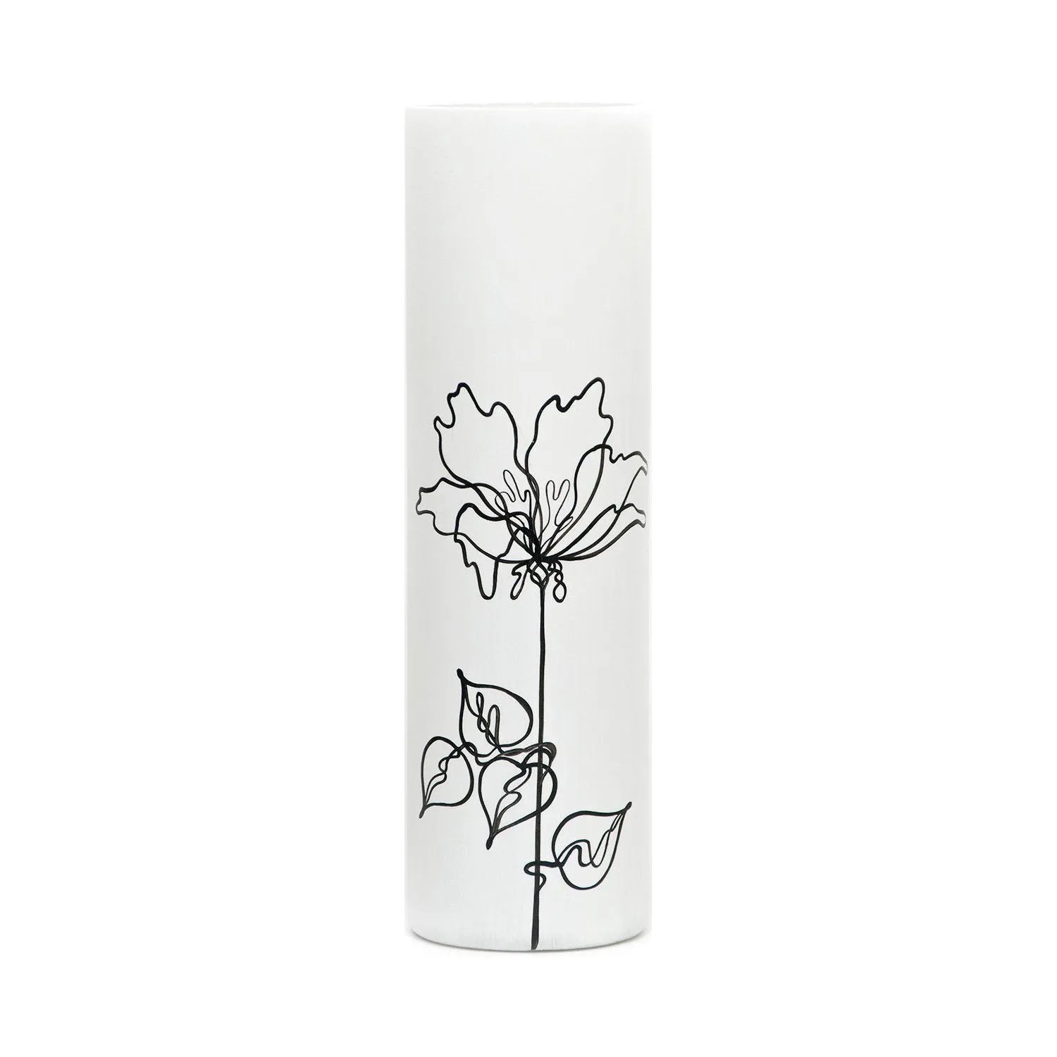 Handpainted Glass Vase - Minimalist Black Flower Design - White Canvas - Home Decor - 16 Inch Cylinder Unique Piece for Floral Arrangements