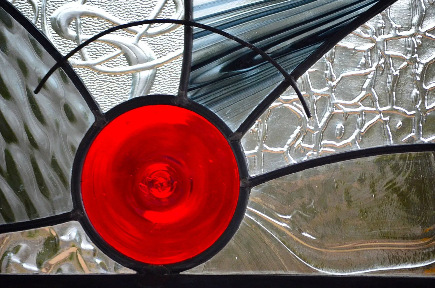 Hanging Contemporary Stained Glass Window Panel Designed for Privacy.  "In Motion"