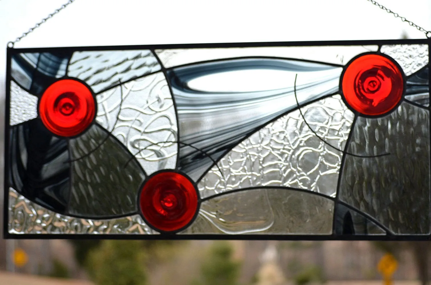 Hanging Contemporary Stained Glass Window Panel Designed for Privacy.  "In Motion"