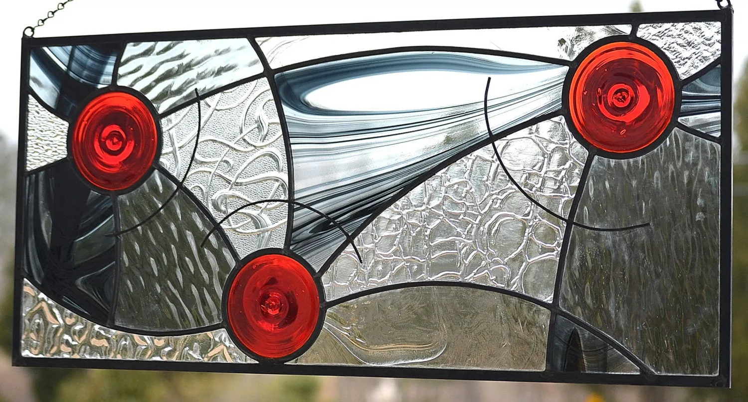 Hanging Contemporary Stained Glass Window Panel Designed for Privacy.  "In Motion"