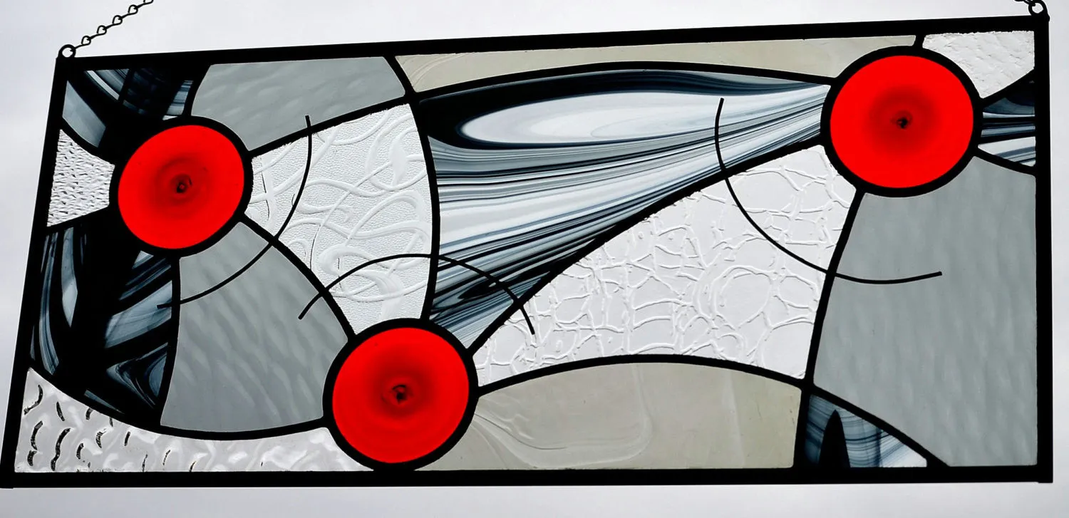 Hanging Contemporary Stained Glass Window Panel Designed for Privacy.  "In Motion"