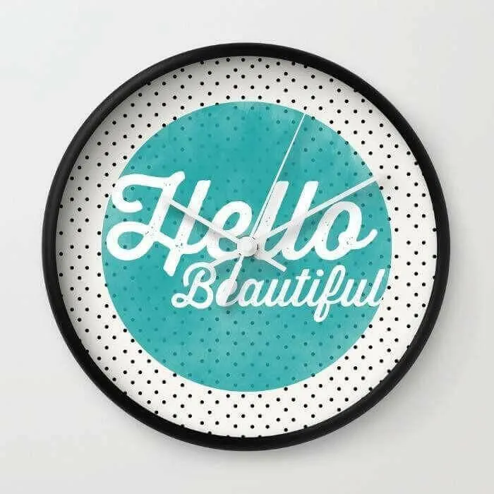 Hello Beautiful Teal Dots typography Wall clock