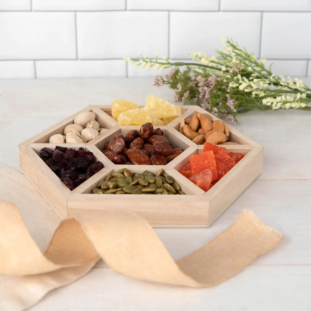 Hexagon Wooden Trays With Sections 6 Pack 8.5"x8.5"x1"