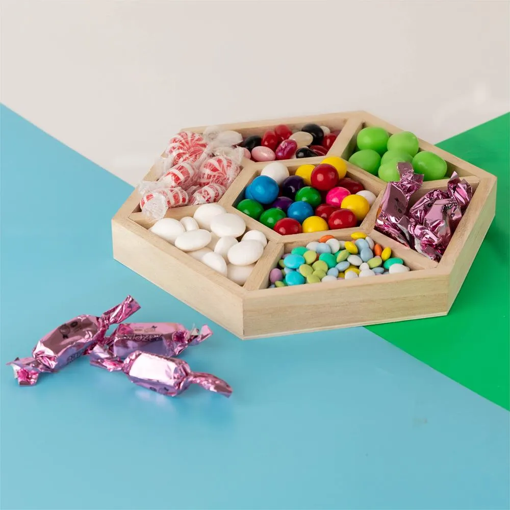 Hexagon Wooden Trays With Sections 6 Pack 8.5"x8.5"x1"