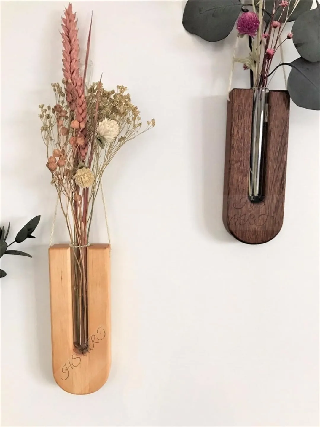 HS ART Wall Hanging Crystal Glass Test Tube Vase in Wooden Stand for Flowers Plants Set (2)