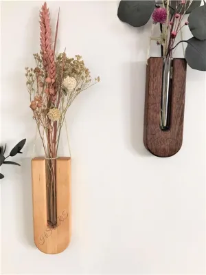 HS ART Wall Hanging Crystal Glass Test Tube Vase in Wooden Stand for Flowers Plants Set (2)