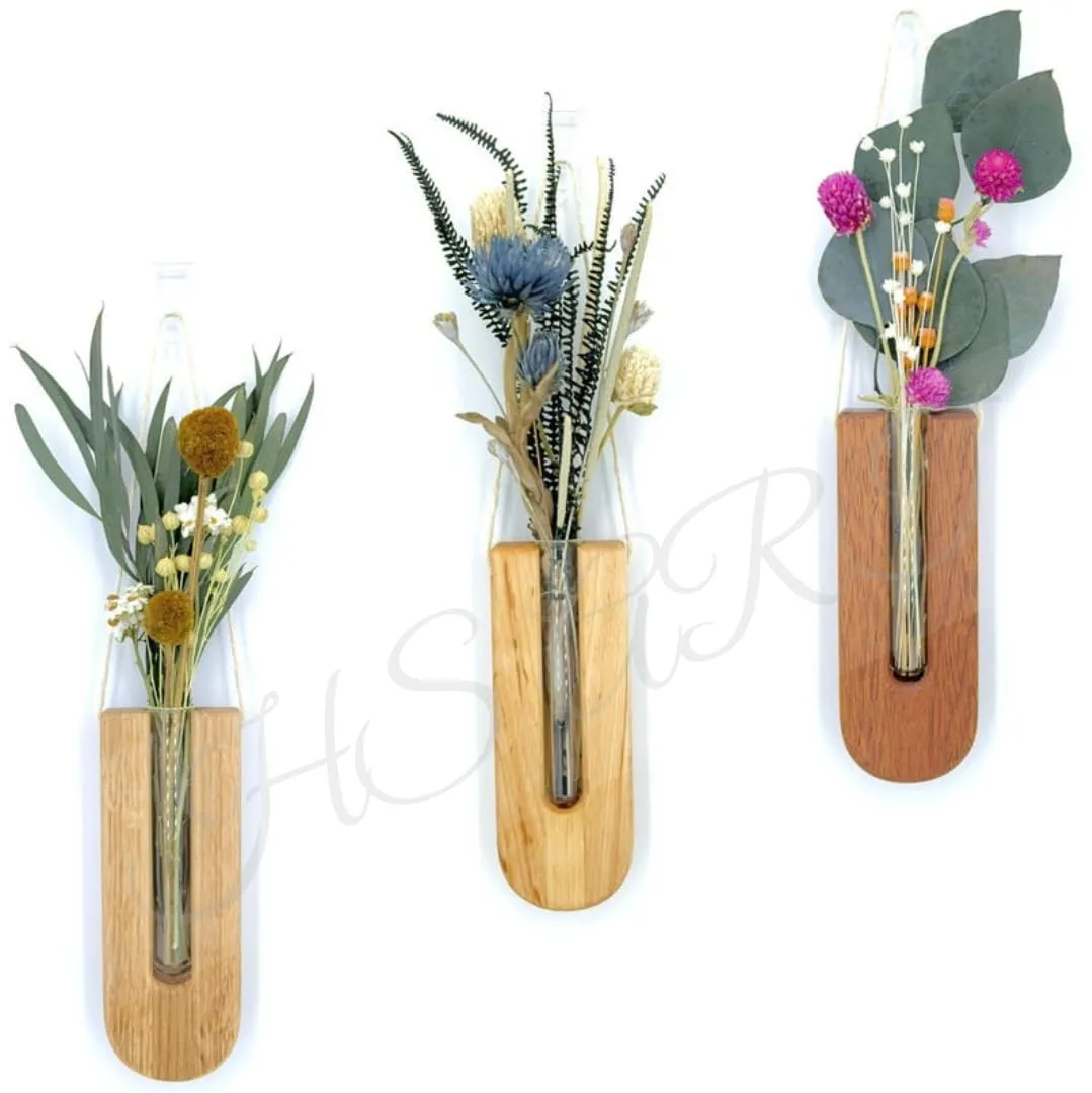 HS ART Wall Hanging Crystal Glass Test Tube Vase in Wooden Stand for Flowers Plants Set (2)