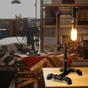 Industrial Style Metallic Table Light with Red Valve: 1-Light Standing Pipe Design in Dark Rust for Living Room