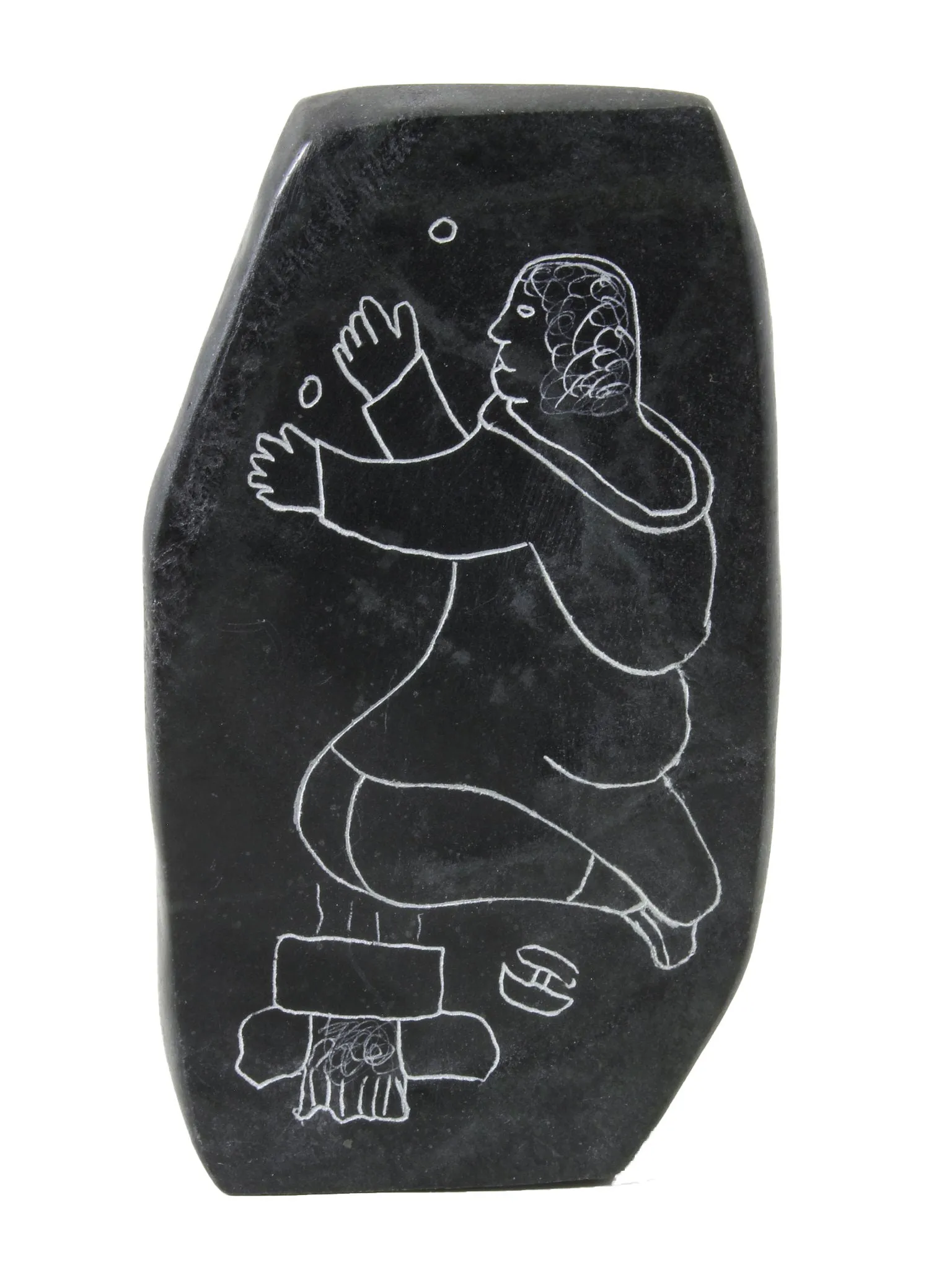Inuit fishing soapstone carving by Artist Moses Ainalik
