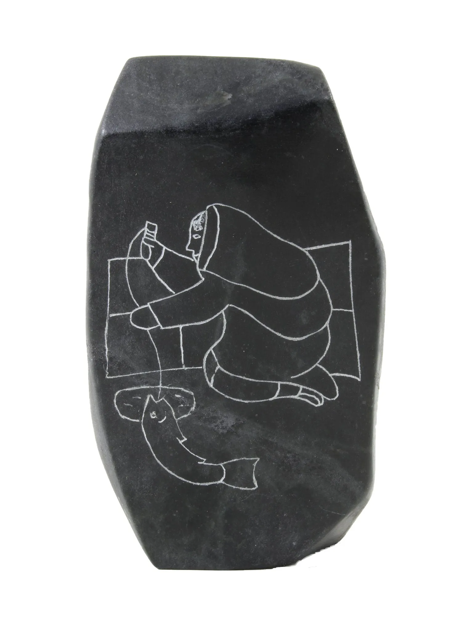 Inuit fishing soapstone carving by Artist Moses Ainalik