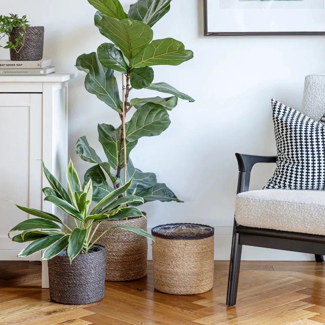 Ivyline 15cm Theo Grey Rim Woven Storage Basket Planters 100% Natural Split Seagrass