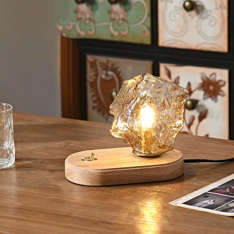 Japanese Vintage Walnut Irregularly Glass Lampshade 1-Light Table Lamp
