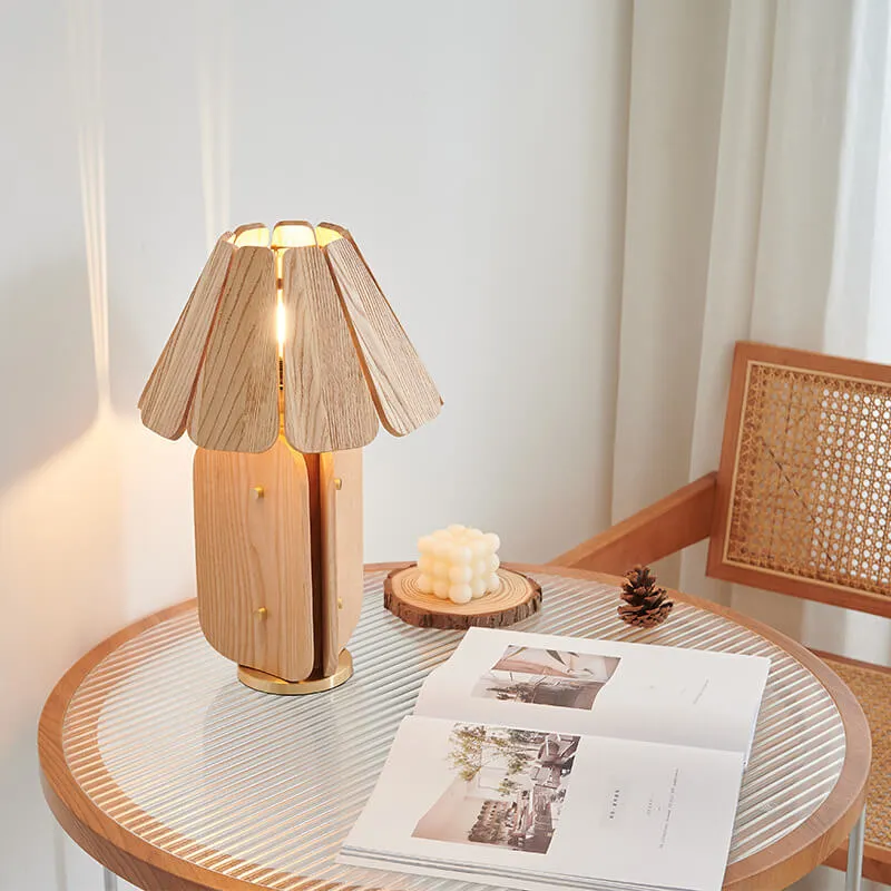 Japanese Wabi-Sabi Style Umbrella-Shaped Wood Brass Base 1-Light Table Lamp
