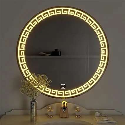 KALYAN TRADERS Designer Round Bathroom Led Mirror Dimmable Wall Mounted Makeup and Vanity Mirror Warm White 3000K Led Light Home Decor|Wash Basin Mirror for Wall (24 X 24 Inch), Framed.