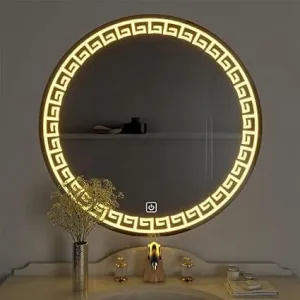 KALYAN TRADERS Designer Round Bathroom Led Mirror Dimmable Wall Mounted Makeup and Vanity Mirror Warm White 3000K Led Light Home Decor|Wash Basin Mirror for Wall (24 X 24 Inch), Framed.