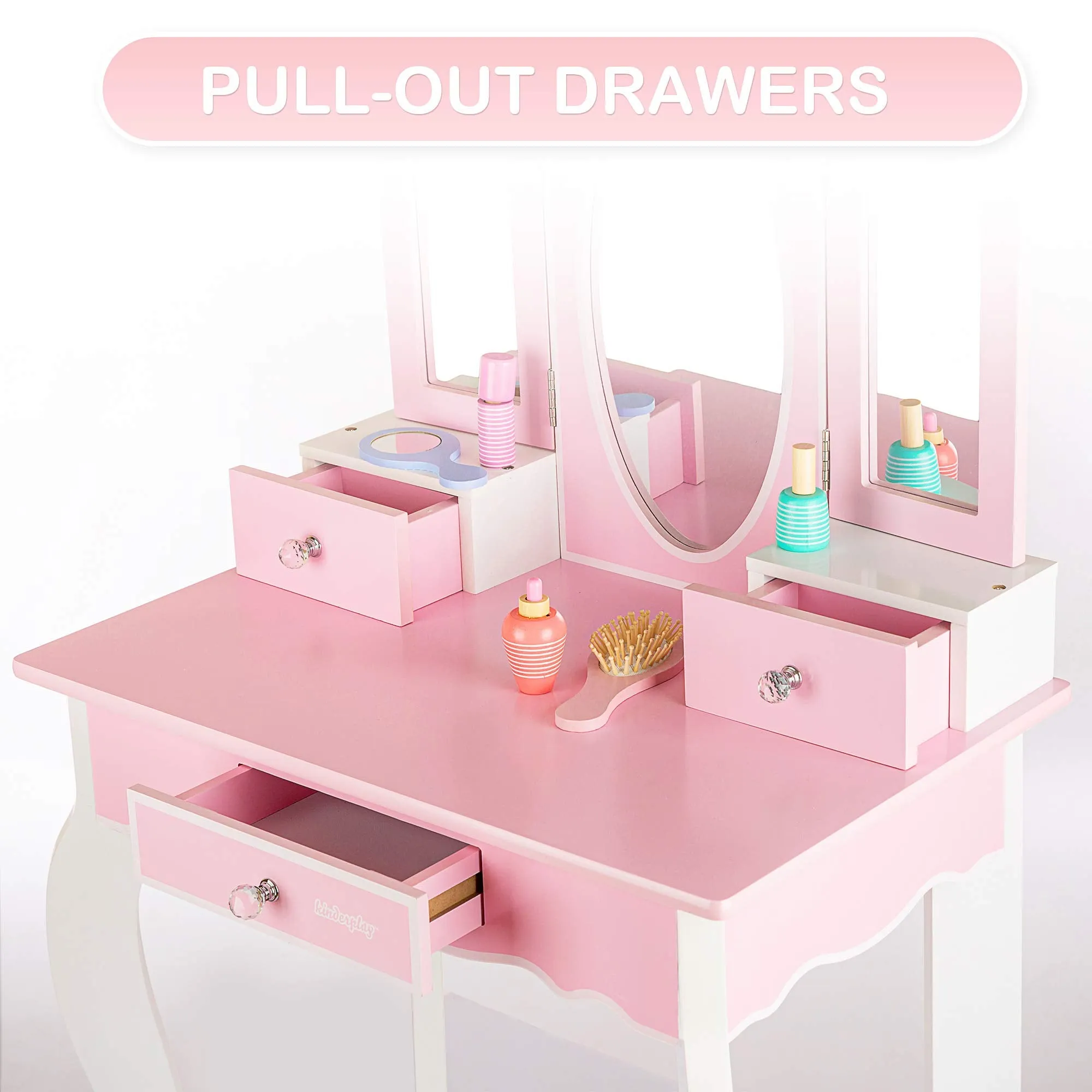 Kids Pink Vanity Set With Mirror and Stool Girls Dressing Table With Accessories