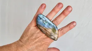 Labradorite Two Finger Ring. Adjustable. Gorgeous Flash. 1123