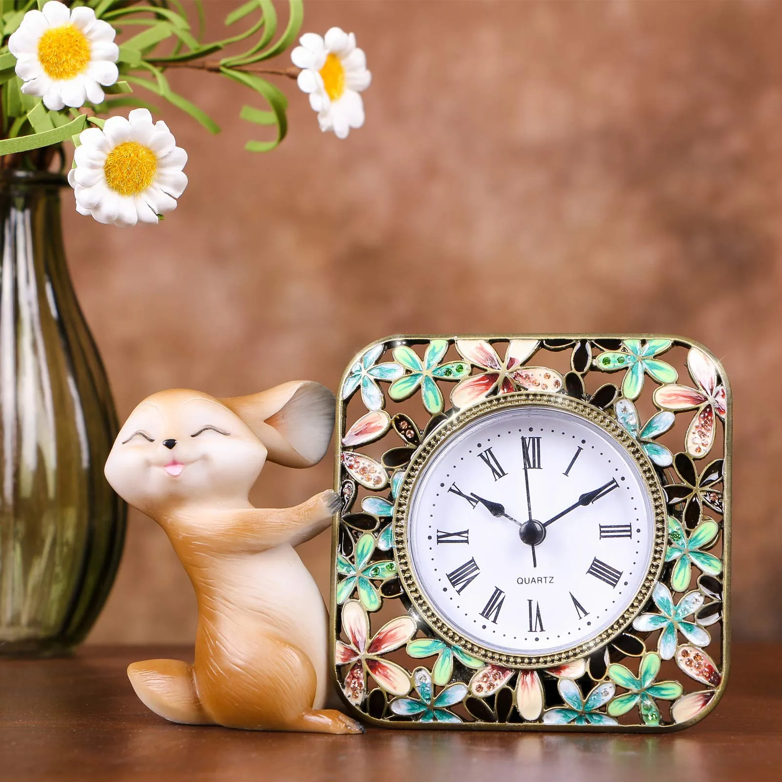 Lcteey Vintage Desk Clock,Handmade Clock,Battert Operated,Classic Analog Table Clock for Living Room