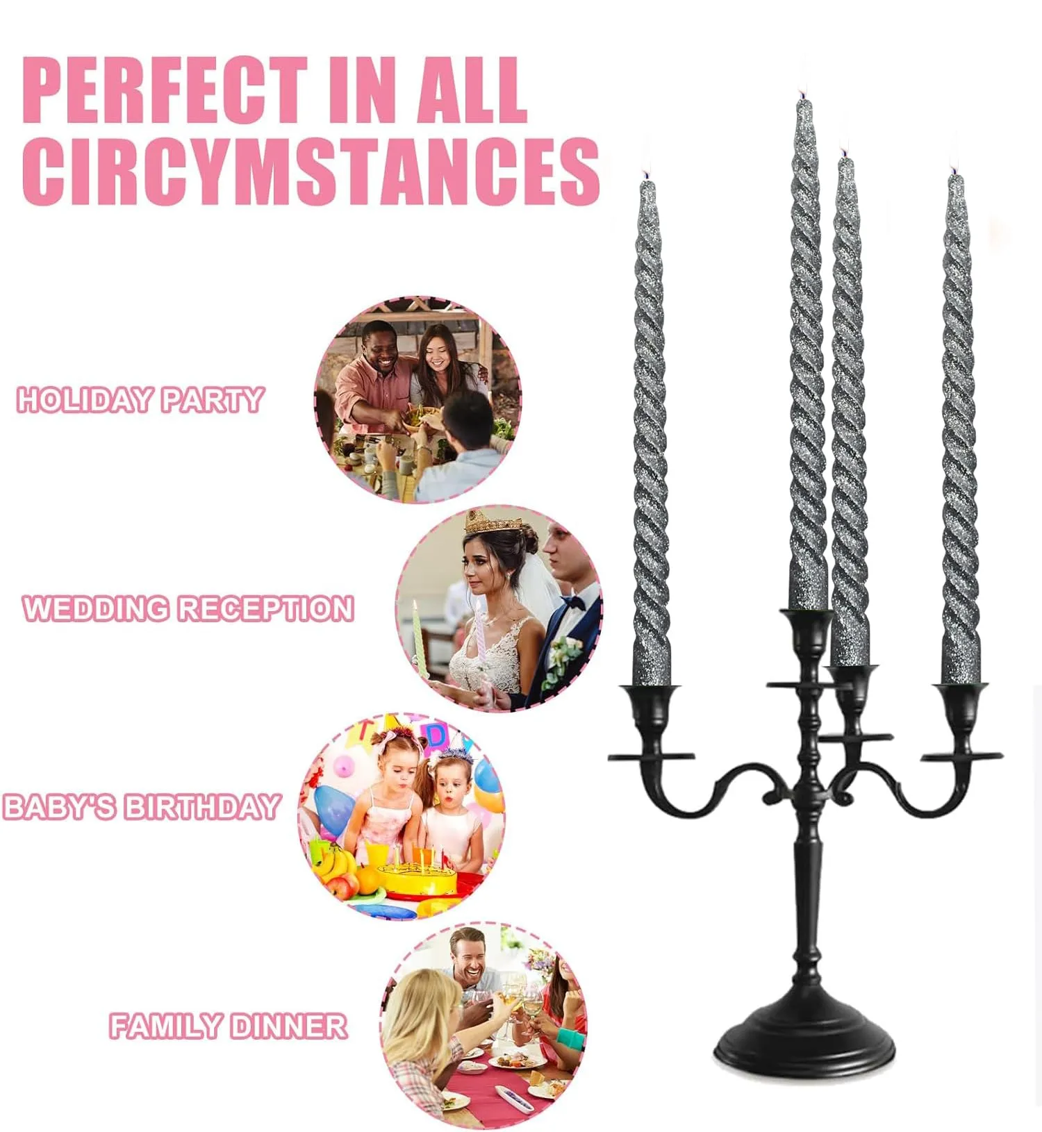 Luces Silver Spiral Candles Glitter Taper Twisted Candles for Party Home Decoretion Church Dinner Table Decor Set of 8