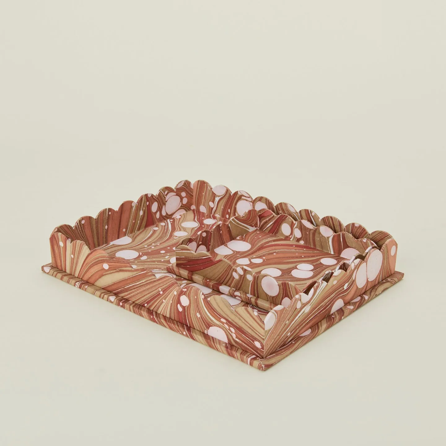 Marbleized Scalloped Tray, Set of 2 - Mocha Marble