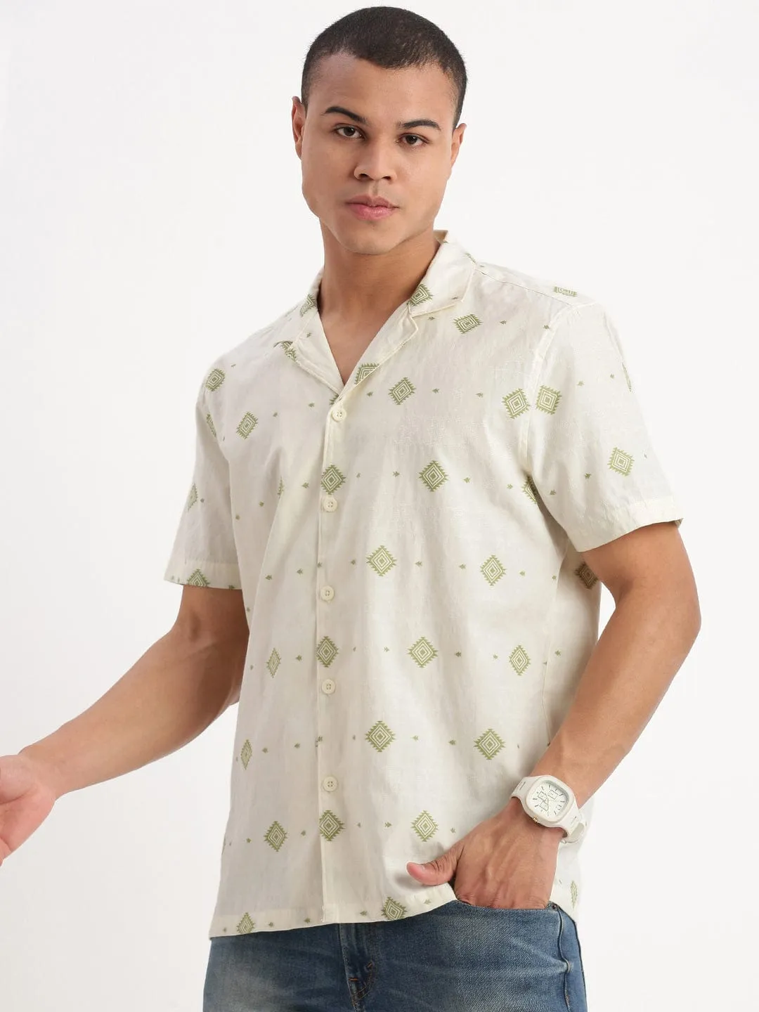 Men Cuban Collar Geometric Cream Cotton Shirt