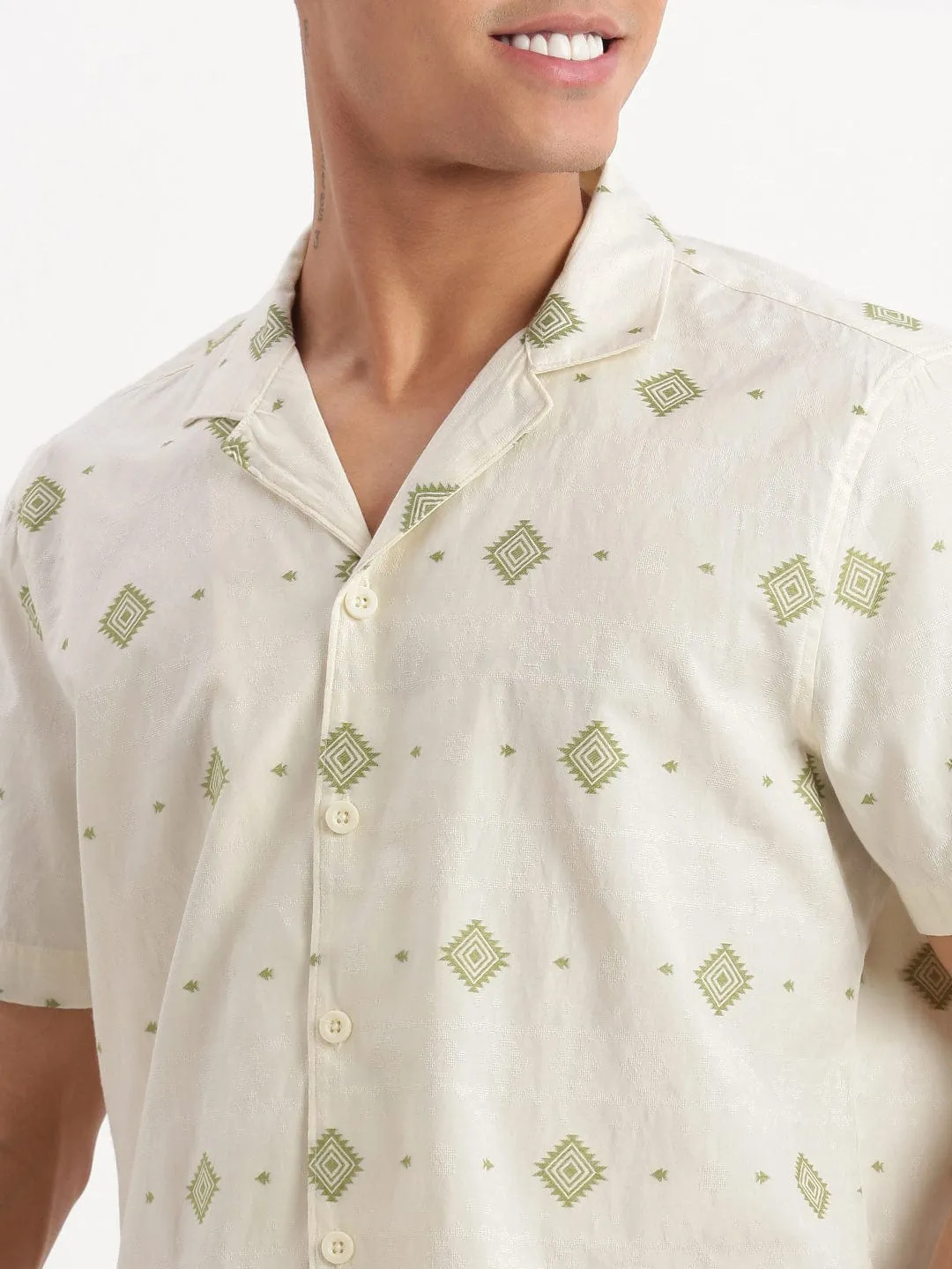 Men Cuban Collar Geometric Cream Cotton Shirt