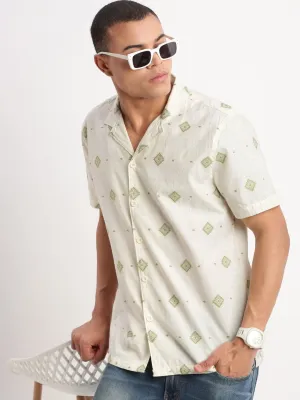 Men Cuban Collar Geometric Cream Cotton Shirt